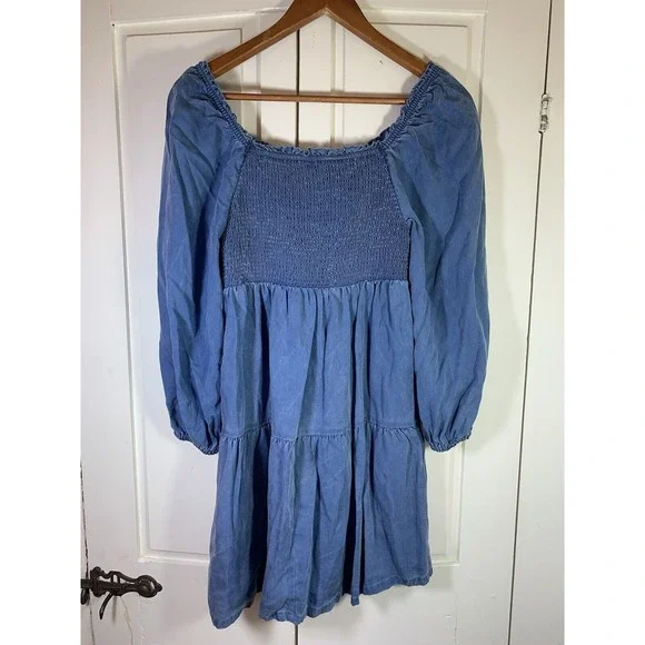 Old Navy Smocked Peasant‎ Dress Small Blue Tiered Swing Western Cottage Boho - Picture 3 of 16
